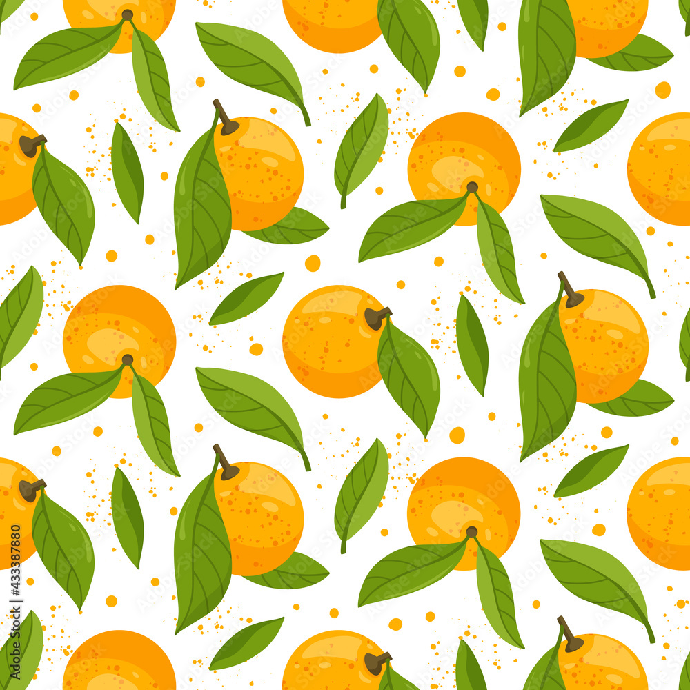 Seamless pattern with orange fruits and green leaves isolated on white background. Fresh citrus. Exotical tropical plant. Modern design for wrapping paper, print or textile. Flat vector illustration. Seamless pattern with orange fruits and green leaves isolated on white background. Fresh citrus. Exotical tropical plant. Modern design for wrapping paper, print or textile. Flat vector illustration.