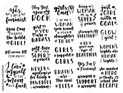 Set of women's rights quotes and phrases. Vector lettering about feminism, woman rights, motivational slogan. Women support and empower, care of yourself, self-care poster.