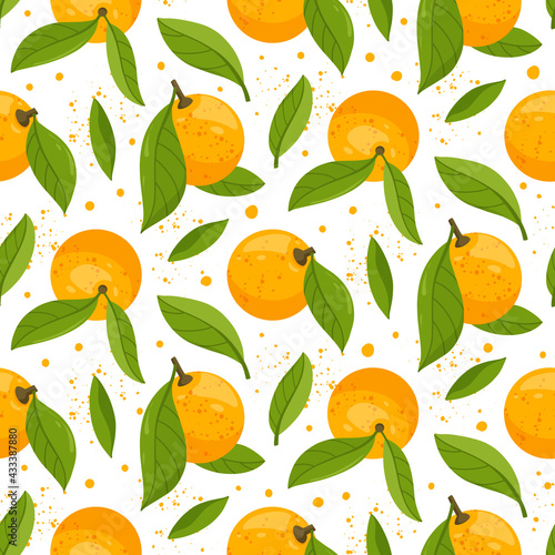 Seamless pattern with orange fruits and green leaves isolated on white background. Fresh citrus. Exotical tropical plant.  Modern design for wrapping paper, print or textile. Flat vector illustration.