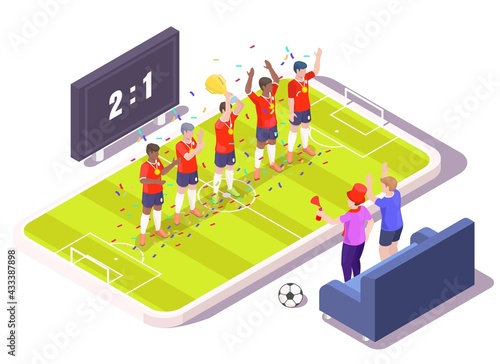Mobile soccer, vector isometric illustration. Football fans watching match and supporting favorite winner team online.