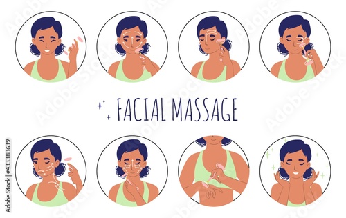 Facial massage with rose quartz roller guide, flat vector illustration. Face skin care routine and beauty procedure.