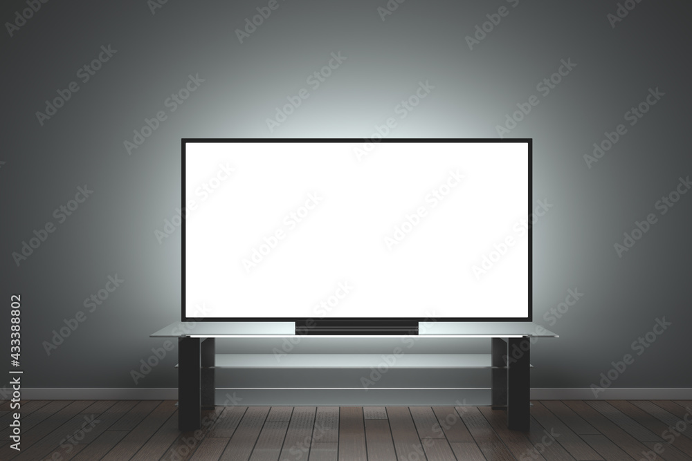 Mockup TV. Large LCD TV in a dark room on a glass table. 3d rendering. Mockup TV. Large LCD TV in a dark room on a glass table. 3d rendering.