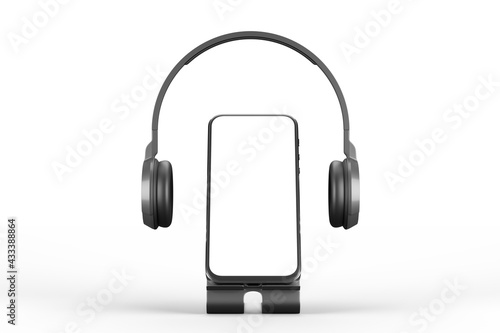 Mockup of a smartphone on a stand with headphones on a white background. 3d rendering.