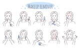 Makeup removal steps, vector illustration. Removing eye, lip, face make up procedure. Facial skin care routine, hygiene.