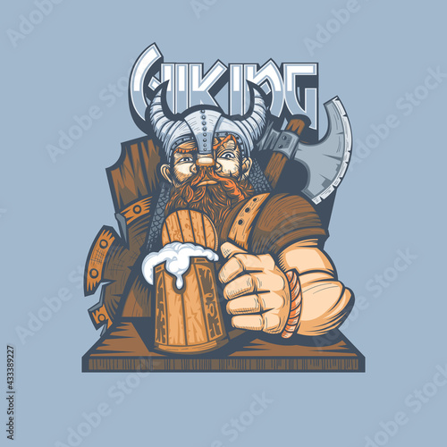 Drawing of a bearded Viking with a glass of beer in hand, can be printed on T-shirts.