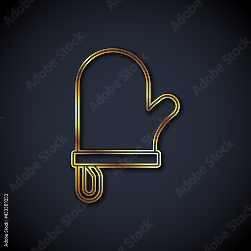 Gold line Oven glove icon isolated on black background. Kitchen potholder sign. Cooking glove. Vector