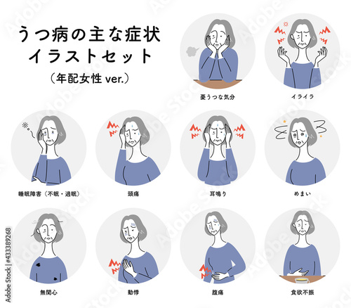 うつ病の主な症状　イラストセット（シニア女性）／日本語バージョン