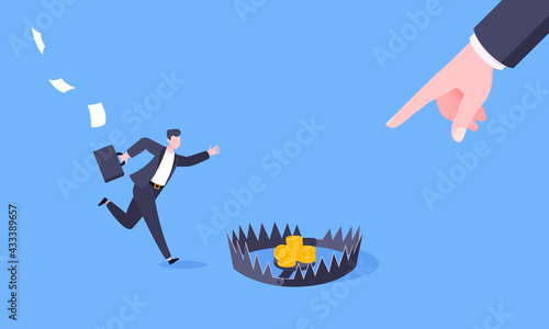 Money trap business concept. Young adult businessman running to catch the coin money in the steel bear trap flat style design vector illustration. Metaphor of greedy financial risk and bad solutions.
