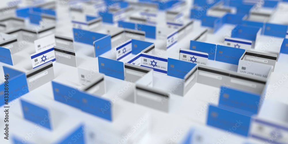 Fictional credit card maze with flag of Israel. Financial problems related 3D rendering Fictional credit card maze with flag of Israel. Financial problems related 3D rendering