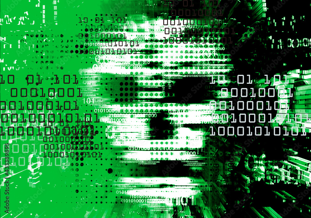 Skull,Hacker, Computer virus concept, green background. 
Illustration of Abstract Skull sign with binary codes. Web Hacking. Online piracy concept.
