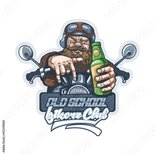 Drawing of an old biker on a motorcycle with a bottle of beer in his hand. Can be printed on T-shirts.