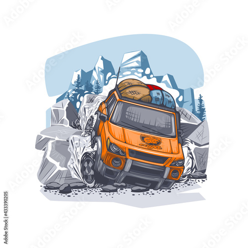 Orange SUV overcomes difficult obstacles in the mountains with luggage on the roof. Can be printed on T-shirts.