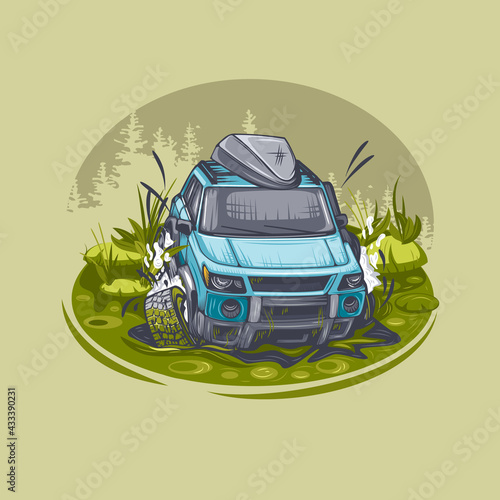 Blue SUV is stuck in a swamp and is trying to get out. Can be printed on T-shirts.