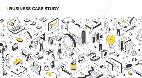 Business Case Study Isometric Concept. People analyze real-life scenarios of doing business by a successful company photo