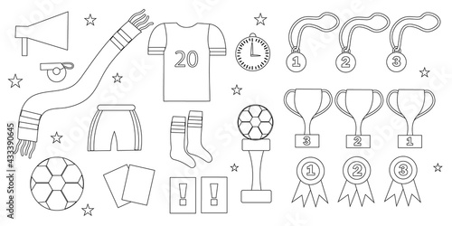 Set of doodle items for playing football, isolated on white background. Elements of icons for the sports game of football. Hand drawing of doodles.