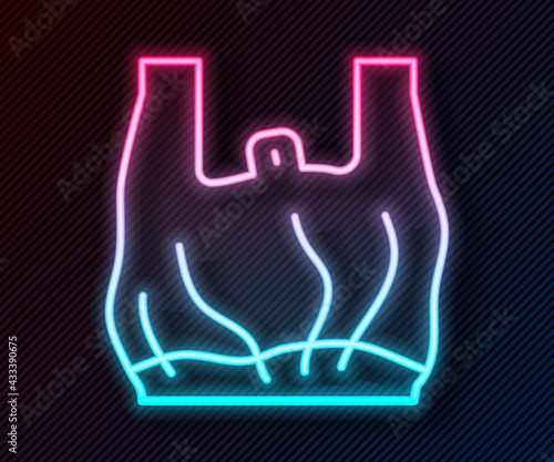 Glowing neon line Say no to plastic bags poster icon isolated on black background. Disposable cellophane and polythene package prohibition sign. Vector