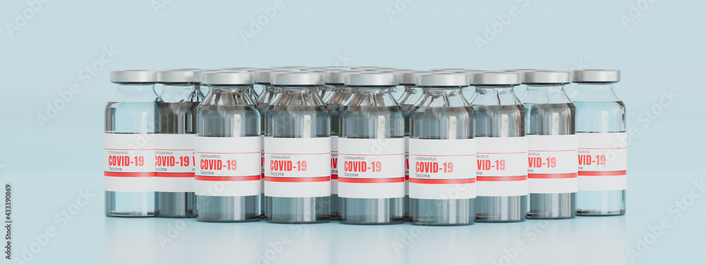3D render illustration,coronavirus or covid-19 vaccine bottle on isolated blue background,concept business medical treatment,healthcare,vaccination medicine production fight to virus,web banner header