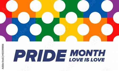 LGBTQIA Pride Month in June. Lesbian Gay Bisexual Transgender. Celebrated annual. LGBT flag. Rainbow love concept. Human rights and tolerance. Poster, card, banner and background. Vector illustration