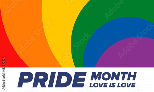 LGBTQIA Pride Month in June. Lesbian Gay Bisexual Transgender. Celebrated annual. LGBT flag. Rainbow love concept. Human rights and tolerance. Poster, card, banner and background. Vector illustration