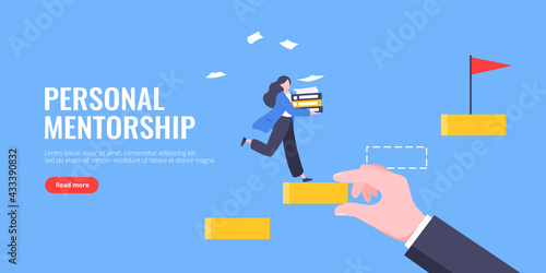 Business mentor helps to improve career and holding stairs steps vector illustration. Mentorship, upskills and self development strategy flat style design business concept.
