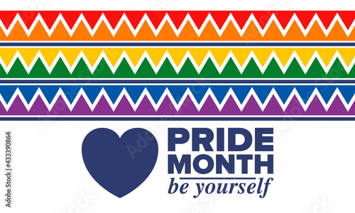 LGBTQIA Pride Month in June. Lesbian Gay Bisexual Transgender. Celebrated annual. LGBT flag. Rainbow love concept. Human rights and tolerance. Poster, card, banner and background. Vector illustration