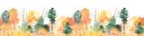 Watercolor seamless border with autumn forest, fir trees, pines, autumn trees and bushes