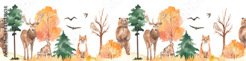 Watercolor seamless border with autumn forest  bear  deer  hare  fox  owl