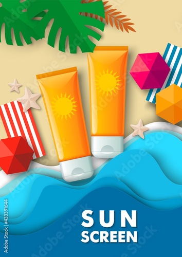 Cosmetic tube mockups, paper cut tropical beach, sun parasols, vector illustration. Sunscreen cosmetic product ads.