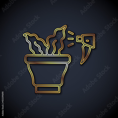 Gold line Spraying a house plant with a spray gun icon isolated on black background. Moistening of foliage. Care for home flowers. Vector