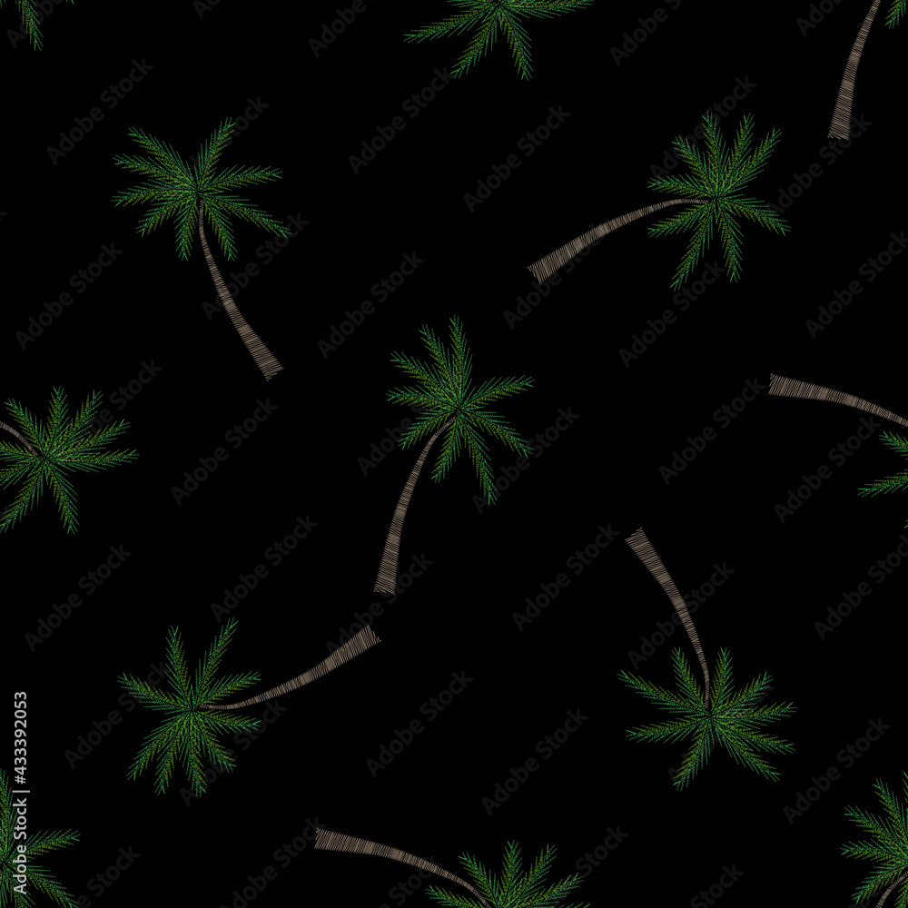 Palm tree embroidery stitches imitation on black background