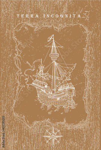 vector image of a vintage caravel in old engraving style