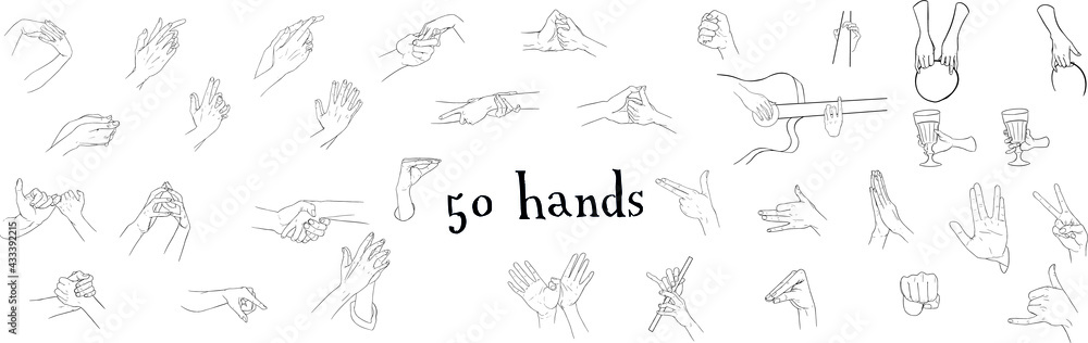 Fototapeta premium 50 different hands on a white background. Gestures, waving hands, shaking hands, fingers, signs, shadow play.