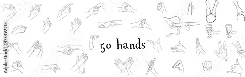 50 different hands on a white background. Gestures, waving hands, shaking hands, fingers, signs, shadow play.