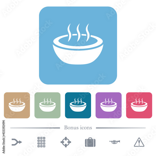 Steaming bowl flat icons on color rounded square backgrounds