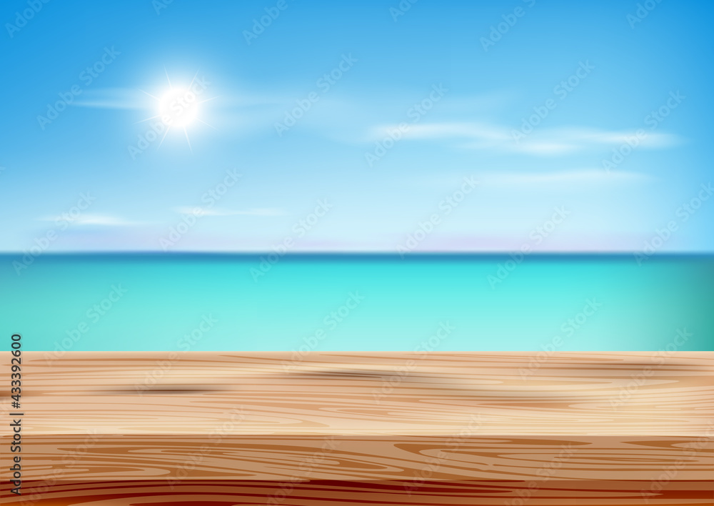 Summer landscape, background from wooden table, sea or ocean and sun, sky. Summer landscape, background from wooden table, sea or ocean and sun, sky.