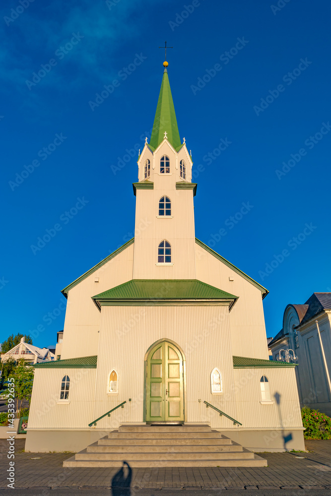 The Free Church, Frikirkjan in Reykjavik historical downtown at warm Summer sunset, Iceland.