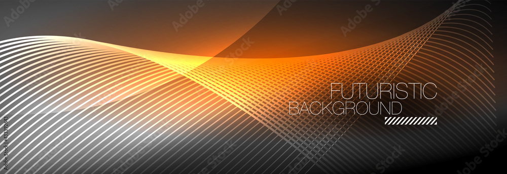 Abstract neon glowing light in the dark with waves. Shiny magic energy and motion concept, vector abstract wallpaper background Abstract neon glowing light in the dark with waves. Shiny magic energy and motion concept, vector abstract wallpaper background