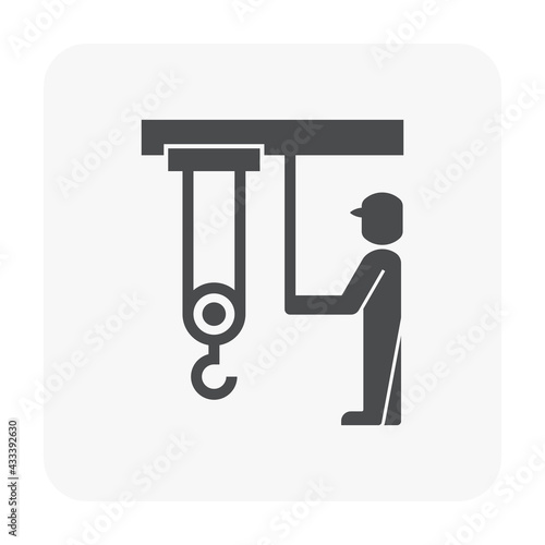 Overhead crane or bridge crane include hoist lifting, rope and remote control. That control by operator or worker. Machinery for manufacturing, production and transportation. Vector icon design.