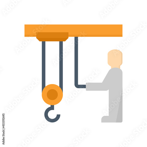 Overhead crane or bridge crane include hoist lifting, rope and remote control. That control by operator or worker. Machinery for manufacturing, production and transportation. Vector icon design.