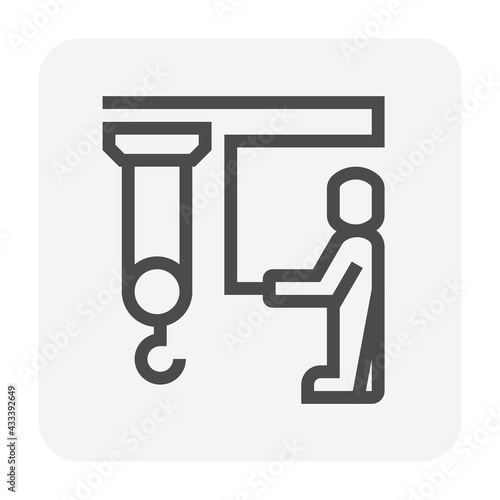 Overhead crane or bridge crane include hoist lifting, rope and remote control. That control by operator or worker. Machinery for manufacturing, production and transportation. Vector icon design.