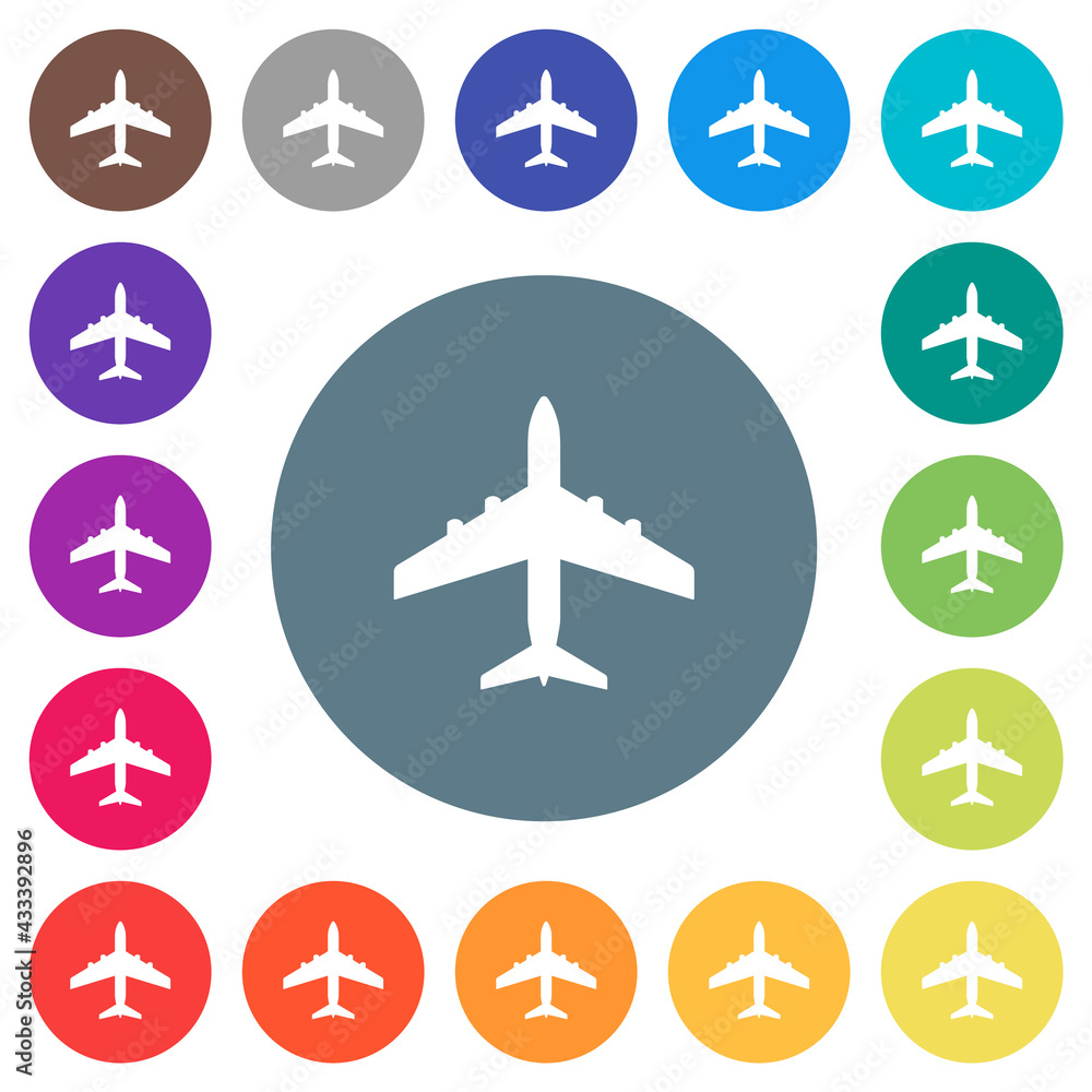 Passenger aircraft flat white icons on round color backgrounds