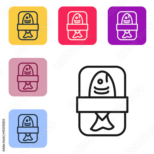 Black line Fish plastic tray container with cellophane cover icon isolated on white background. Set icons in color square buttons. Vector