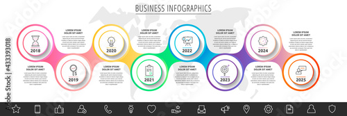 Vector infographics circles. Business concept of 8 options. Timeline step by step template with eight labels for diagram, web, banner, presentations, flowchart, content, levels, chart, graphic