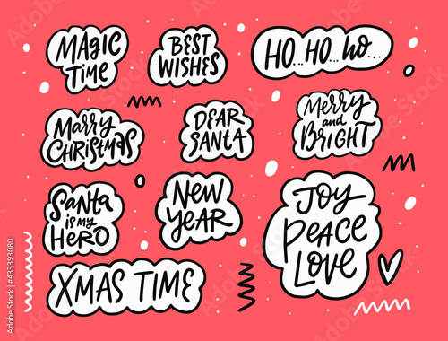 Merry Christmas and Happy New Year lettering phrases set. Hand drawn black color text. Vector illustration.