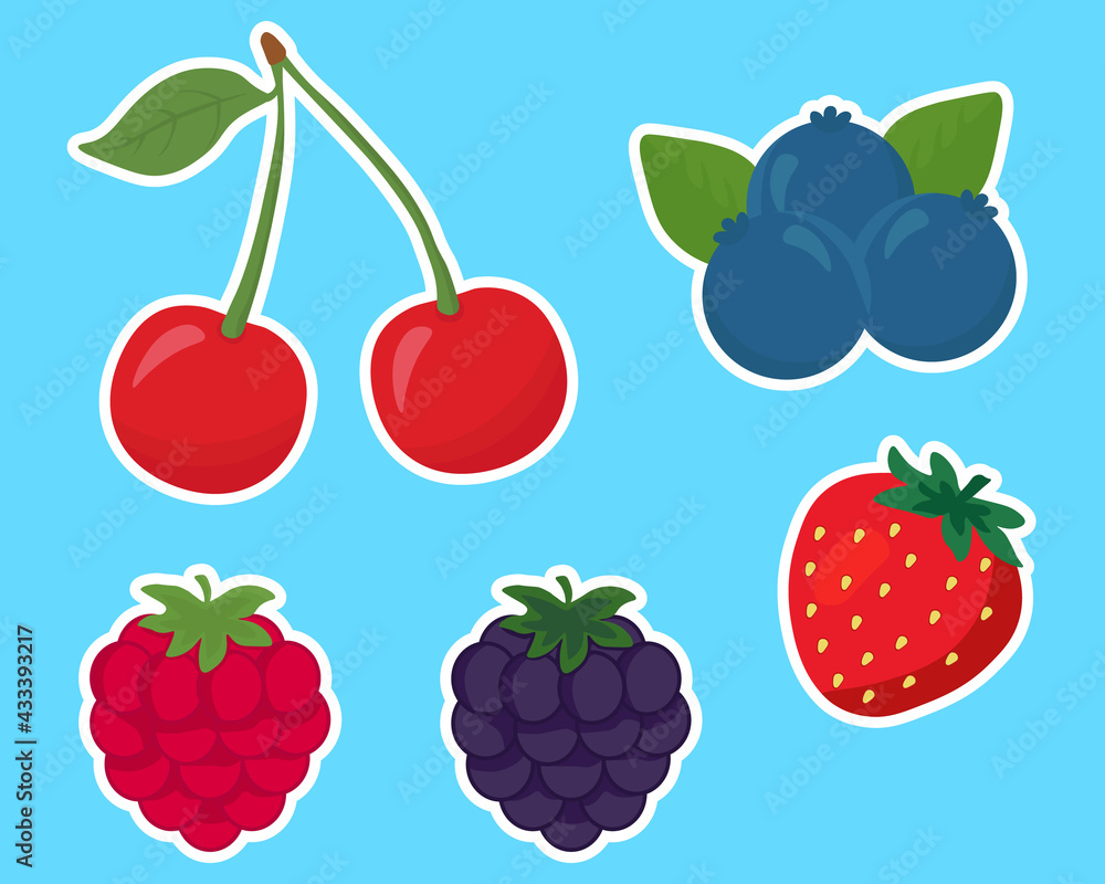 Stickers with cartoon berries. Cute strawberry, raspberry, blueberry, cherry and blackberry. Summer fruits isolated on blue background Stickers with cartoon berries. Cute strawberry, raspberry, blueberry, cherry and blackberry. Summer fruits isolated on blue background