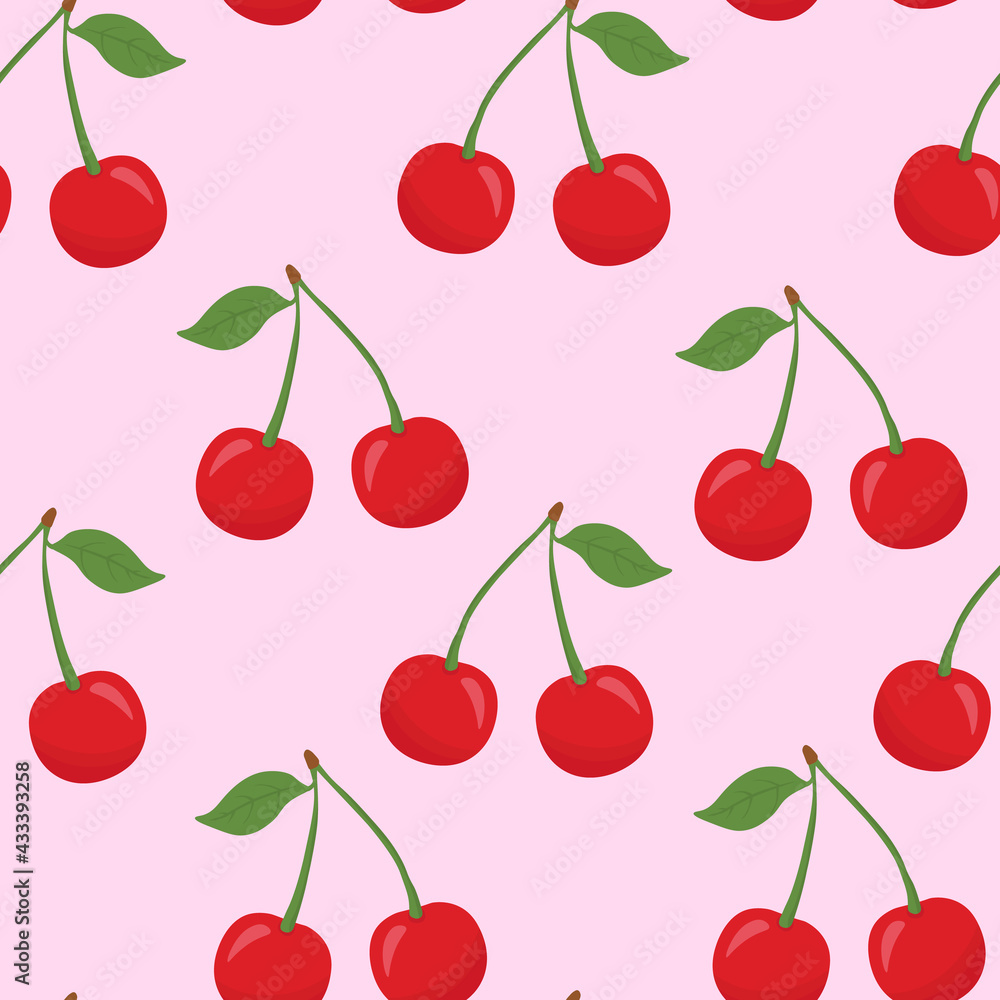 Seamless vector pattern with bright cherry on a pink background. Suitable for the design of textile fabric, wrapping paper, and wallpaper for websites. Vector illustration. Seamless vector pattern with bright cherry on a pink background. Suitable for the design of textile fabric, wrapping paper, and wallpaper for websites. Vector illustration.