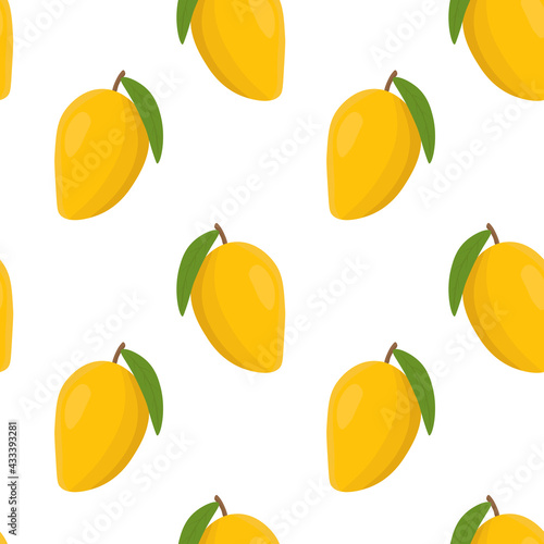 Seamless vector pattern with mango on a white background. Suitable for the design of textile fabric, wrapping paper, and wallpaper for websites. Vector illustration.