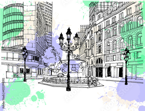 Urban landscape sketch of the old European city. Germany. Frankfurt am Main. Nice old street in hand drawn style on blobs background