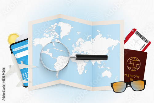 Travel destination Panama, tourism mockup with travel equipment and world map with magnifying glass on a Panama.