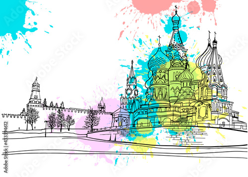 Nice street of old Moscow. Urban landscape. Black and white urban sketch on blobs background. Hand drawn vector illustration. Line art. 	